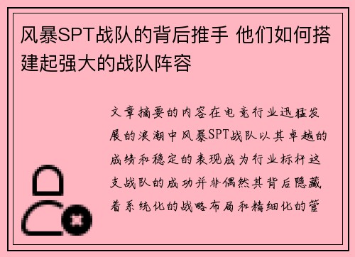 风暴SPT战队的背后推手 他们如何搭建起强大的战队阵容