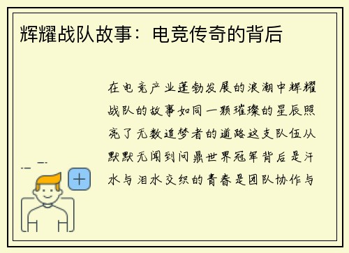 辉耀战队故事：电竞传奇的背后